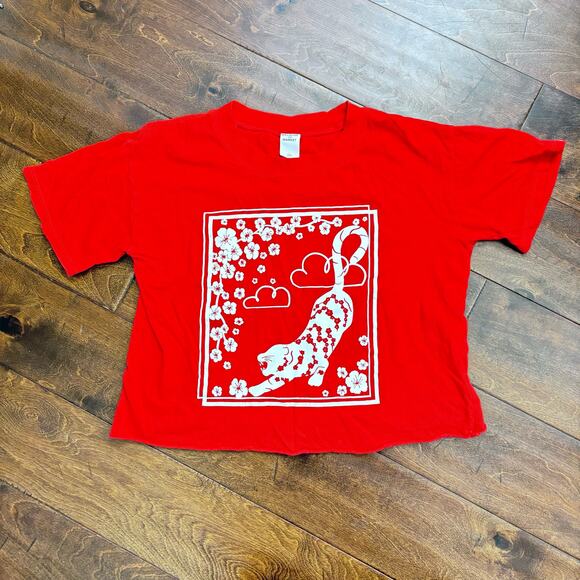 Melrose and Market Women's Large 10/12 Cropped Graphic Tee Red Floral Tiger - Picture 1 of 5